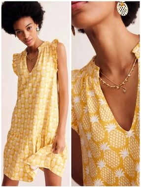 Boden Jersey Daisey Short Tier Yellow Pineapple Dress, 10L